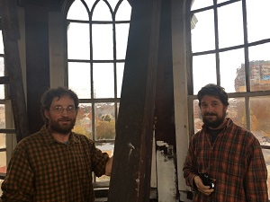 Silas Treadway & Seth Kelley explore the steeple of David Hoadley's United Church on the Green (New Haven, CT) at the 2016 members' meeting. Photo credit Michael Cuba. 
